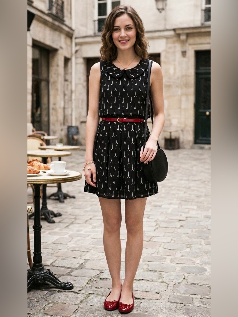 Sleeveless Black Eiffel Print Dress Parisian Chic Vintage Size 6 Feminine